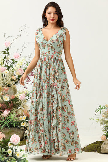 Green Floral A Line V Neck Printed Long Bridesmaid Dress with Ruffles